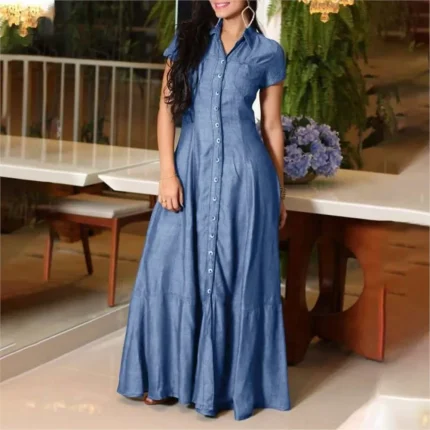 Vestidos de Cerimónia Vestido Camisa Jeans Feminino Casual 2024 – Solto, Manga Curta, Bolsos e Lapela | Loja dos Cabelos