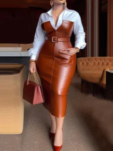 Vestidos de Cerimónia Vestido Midi Feminino de Manga Longa com Cinto, Botões e Bolsos – Camisa de Colarinho, Estilo Slim, Detalhes em Couro e Retalhos para o Outono | Loja dos Cabelos