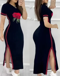 Vestidos de Cerimónia Vestido Longo Feminino Casual Estampado Rosa, Decote O, Manga Curta e Fenda Lateral – Estilo Linha A, Listrado, Moda Verão 2022 | Loja dos Cabelos