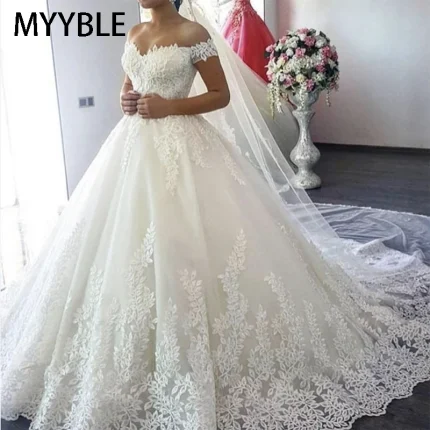 Vestidos de Cerimónia Vestido de Noiva Plus Size Personalizado Ombro a Ombro com Tule e Cauda | Loja dos Cabelos