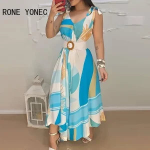 Vestidos de Cerimónia Vestido Feminino Elegante Maxi Tropical com Estampa, Decote V e Cinto – Vestido Casual de Verão | Loja dos Cabelos