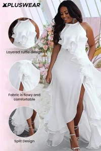Vestidos de Cerimónia Vestido Longo de Baile para Casamento Modigirl Feminino, Branco e Preto, Solto, Sem Mangas, com Babados e Fenda Frente | Loja dos Cabelos