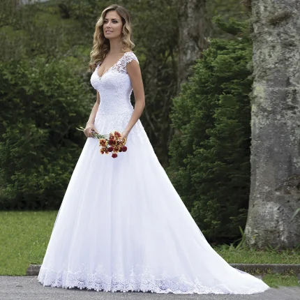 Vestidos de Cerimónia Vestido de Noiva Branco Puro Elegante com Manga Curta, Decote em V e Renda – Personalizado | Loja dos Cabelos