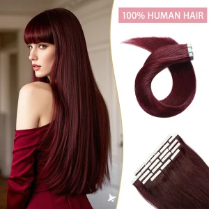 Extensões de cabelo Natural Extensões de Cabelo Humano com Fita Adesiva – Liso, Borgonha, Trama Invisível e Sem Costura | Loja dos Cabelos