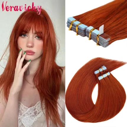Extensões de cabelo Natural Extensões de Cabelo Humano com Fita Adesiva #350 Cobre Vermelho – Liso, Remy, Invisível, 20 Peças (50g) | Loja dos Cabelos