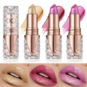 Cosméticos e outros produtos de beleza Batom Líquido Longa Duração – Brilho Fino, Hidratante, Efeito Dourado Cintilante | Loja dos Cabelos