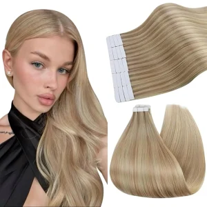 Extensões de cabelo Natural Extensão de Cabelo Humano com Fita Adesiva – 20 Pol., Remy, Loiro com Mechas Cinza Escuro, Dupla Face | Loja dos Cabelos