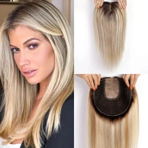 Extensões de cabelo Natural Topper de Cabelo Humano Remy Loiro e Castanho com Clipes, Base de Seda, 16” Reto | Loja dos Cabelos