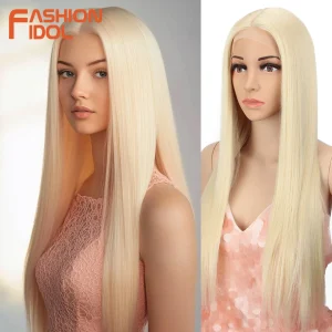 Perucas FASHION IDOL | Peruca Sintética Longa de 26 Polegadas com Franja Frontal – Ombre Loiro, Cabelo Liso e Resistente ao Calor para Mulheres – Cosplay e Uso Diário | Loja dos Cabelos