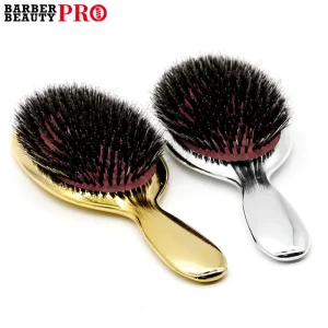 Cosméticos e outros produtos de beleza Escova Oval de Cerdas Naturais de Javali – Antiestática, Massageadora e Estilo Profissional nas Cores Ouro e Prata | Loja dos Cabelos