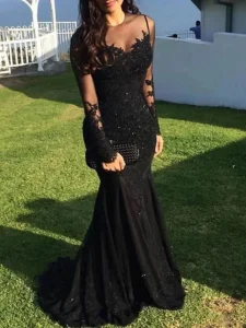 Vestidos de Cerimónia Vestido Sereia de Festa com Brilho, Renda e Apliques, Manga Longa e Decote Ilusório | Loja dos Cabelos