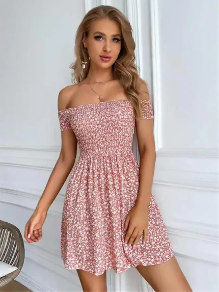 Vestidos de Cerimónia Compre Vestido Floral Feminino Ombro a Ombro – Moda Primaver | Loja dos Cabelos
