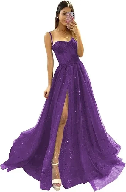 kf-S5763818abf5f474ab74351cd53b0a91bX-Vestido-brilhante-de-tule-Decote-em-V-Sem-al-as-A-Line-fenda-lateral-alta-vestido