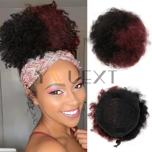 Rabo de Cavalo Rabo de Cavalo Afro Kinky Borgonha com Cabelo Humano Cacheado Natural – Estilo Puff com Cordão, Tipo Brasileiro | Loja dos Cabelos