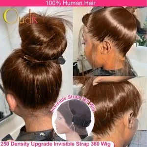 Perucas Peruca Frontal 360 HD de Cabelo Humano Liso – Cor Chocolate, 250% de Densidade, 30 Polegadas, Sem Cola e com Alça Invisível | Loja dos Cabelos