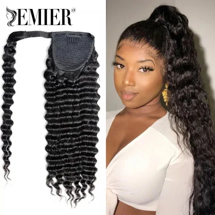Rabo de Cavalo Rabo de Cavalo Enrolado com Onda Profunda 12″–26″ – Cabelo Humano Brasileiro Remy Preto Natural com Envoltório e Cordão | Loja dos Cabelos