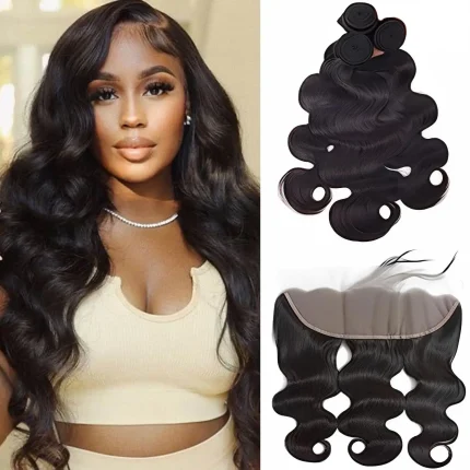 Extensões de cabelo Natural Extensões de Cabelo Humano Brasileiro Ondulado com Frontal Lace Transparente 13×4 – 3 Pacotes 100% Natural | Loja dos Cabelos