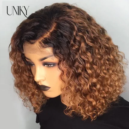 Perucas Peruca Bob Curta Encaracolada 13×4 Frontal de Renda – Cabelo Humano com Cachos Profundos, Destaques Loiros e Castanhos para Mulheres Negras | Loja dos Cabelos