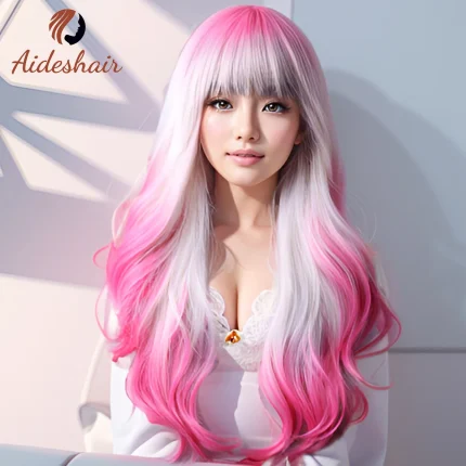 Perucas Peruca Sintética com Franja Vermelha e Rosa Pêssego – Resistente ao Calor para Cosplay, Halloween e Festas | Loja dos Cabelos