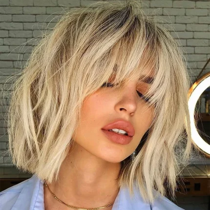 Perucas Peruca Bob HD com Franja e Mechas Loiro Acinzentado – Cabelo Humano em Camadas 25 cm Corte Moderno 2024 | Loja dos Cabelos