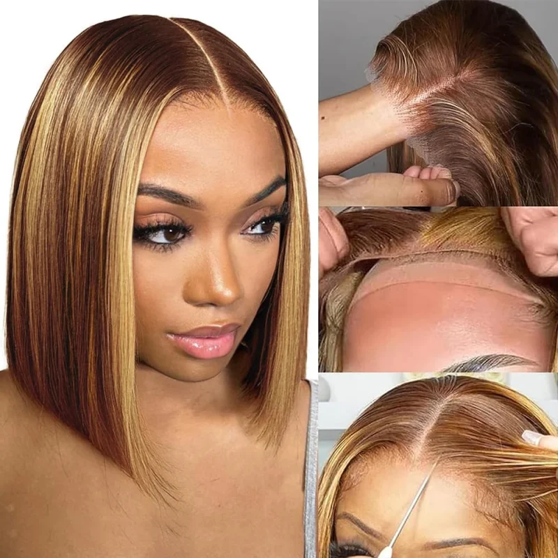 Perucas Peruca Bob Curta Reta Mel Loira 6×4 com Lace Frontal – Cabelo Humano Brasileiro Sem Cola Pronta para Usar | Loja dos Cabelos