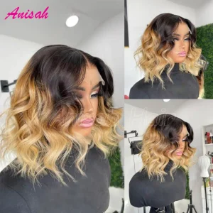 Perucas Peruca Bob Curta Ondulada Ombre Mel Loira – Cabelo Humano Indiano Cru, Lace Front Bicolor | Loja dos Cabelos