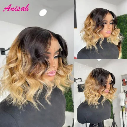 Perucas Peruca Bob Curta Ondulada Ombre Mel Loira – Cabelo Humano Indiano Cru, Lace Front Bicolor | Loja dos Cabelos