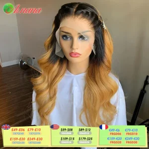 Perucas Peruca de Cabelo Humano Ondulado Cor 1B/27 ou 1B/30 com Tela Frontal 13×6 e Mechas Loiro Mel ou Castanho – Pré-Cortada com Baby Hair | Loja dos Cabelos