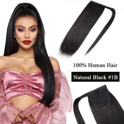 Rabo de Cavalo Rabo de Cavalo com Cabelo Humano 100% Natural – Extensão Preta Liso Asiático com Encaixe e Envoltório Mágico | Loja dos Cabelos