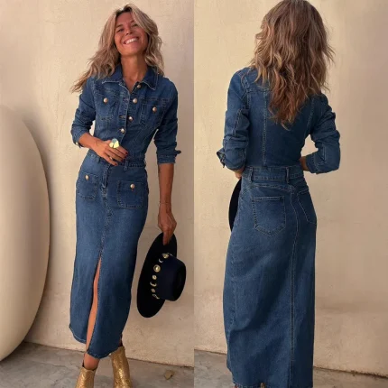 Vestidos de Cerimónia Compre Vestido Jeans Feminino Midi com Botões, Gola Social e | Loja dos Cabelos