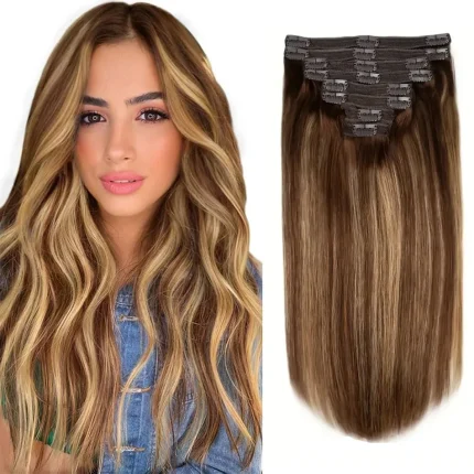 Extensões de cabelo Natural Extensões de Cabelo Humano 100% Natural em Linha Reta – Cor Piano 4/27, 8 Clips, 120g, Trama Dupla para Mulheres | Loja dos Cabelos