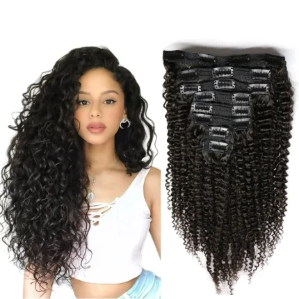 Extensões de cabelo Natural Extensão de Cabelo Humano Cacheado com Grampos – Onda Brasileira Profunda, 120g, Cor 1B | Loja dos Cabelos