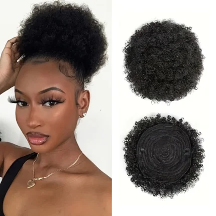Rabo de Cavalo Penteado Coque Afro com Cabelo Humano – Rabo de Cavalo Encaracolado Curto Tipo Kinky, Cor Preta Natural para Mulheres | Loja dos Cabelos
