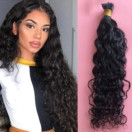 Extensões de cabelo Natural Extensões de Cabelo Humano Cacheado Água com Microlinks – Cor Natural para Mulheres Negras, 100 Fios/Conjunto | Loja dos Cabelos