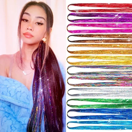 Extensões de cabelo Sintético Extensões de Cabelo com Fios de Glitter Coloridos 110cm – Kit de Enfeites Ouro, Roxo e Azul para Mulheres | Loja dos Cabelos