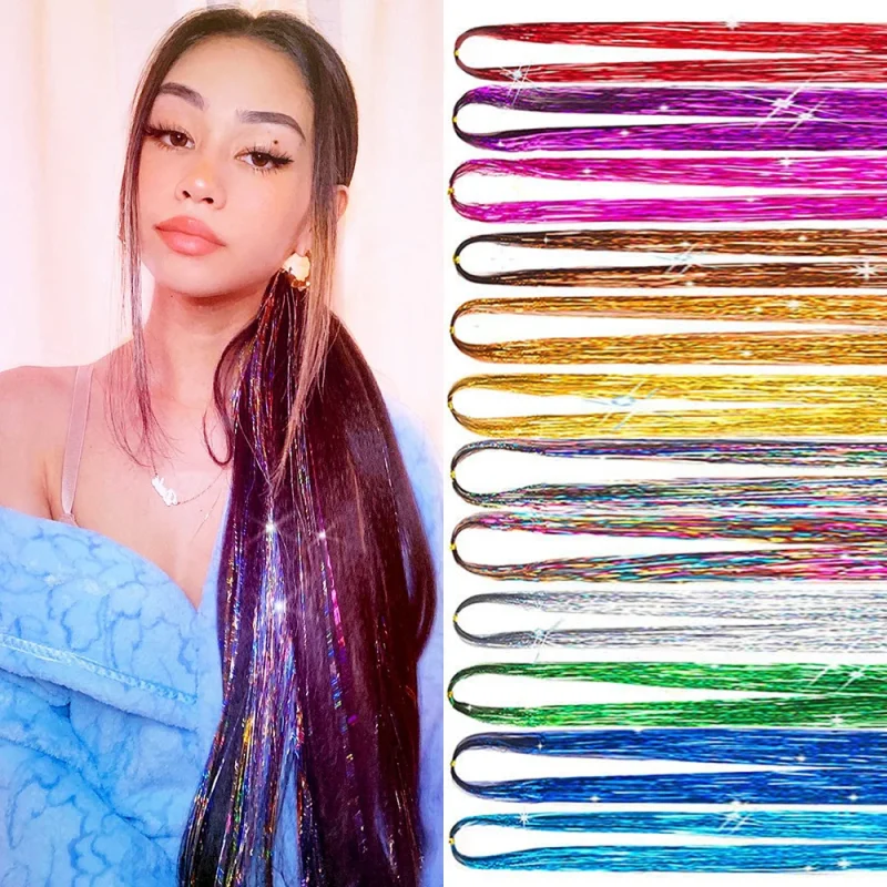 Extensões de cabelo Sintético Extensões de Cabelo com Fios de Glitter Coloridos 110cm – Kit de Enfeites Ouro, Roxo e Azul para Mulheres | Loja dos Cabelos