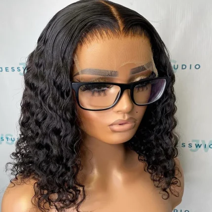 Perucas Peruca Bob Curta Cacheada de Cabelo Humano Brasileiro, Frente de Renda 13×4 ou Fechamento 4×4, Onda Profunda, 200% Densidade | Loja dos Cabelos