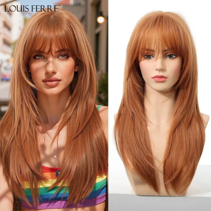 Perucas Peruca Sintética Longa Laranja com Franja Louis Ferre – Cabelo em Camadas Natural Resistente ao Calor para Mulheres e Cosplay | Loja dos Cabelos