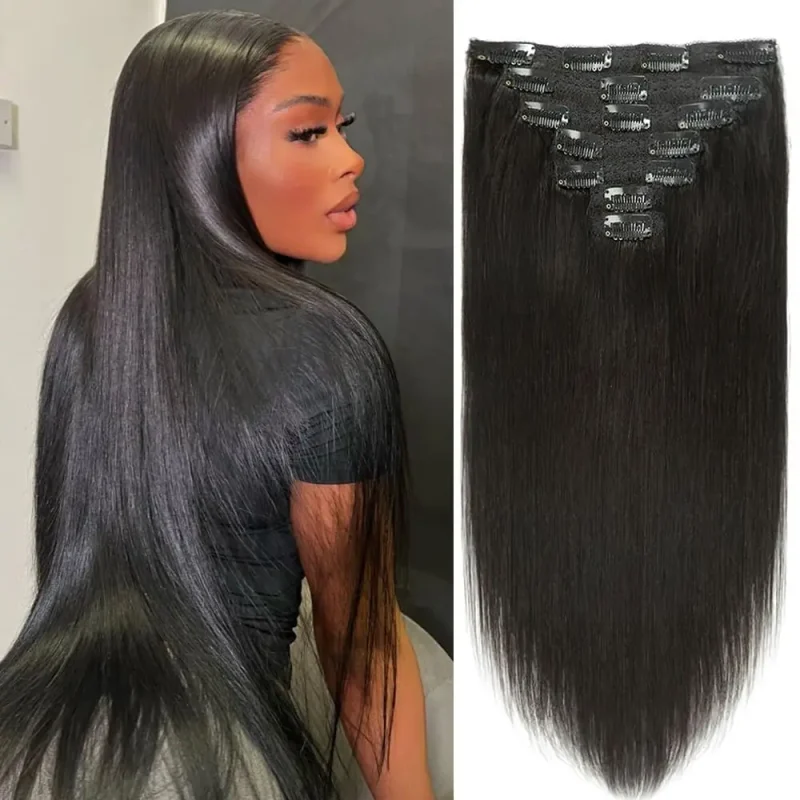 Extensões de cabelo Natural Extensões de Cabelo Humano Liso com Presilha 120g 7 Peças Cor 1B Trama Dupla | Loja dos Cabelos