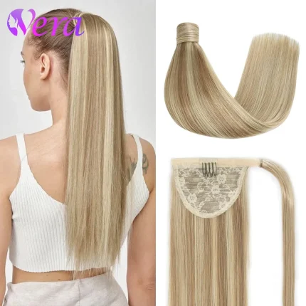 Rabo de Cavalo Extensão de Cabelo Humano Remy – Rabo de Cavalo Encapado Loiro Acinzentado com Mechas Mel (P8/613) | Loja dos Cabelos