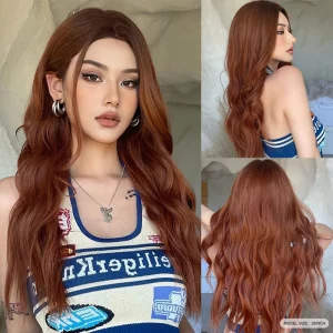 Perucas Peruca Sintética Longa Ruiva Ondulada com Partida Central – Cabelo Encaracolado Natural Resistente ao Calor para Mulheres, Uso Diário e Cosplay | Loja dos Cabelos