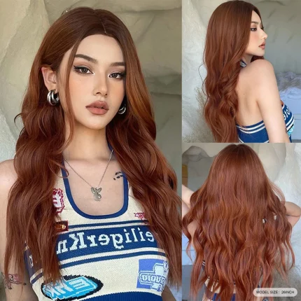 Perucas Peruca Sintética Longa Ruiva Ondulada com Partida Central – Cabelo Encaracolado Natural Resistente ao Calor para Mulheres, Uso Diário e Cosplay | Loja dos Cabelos
