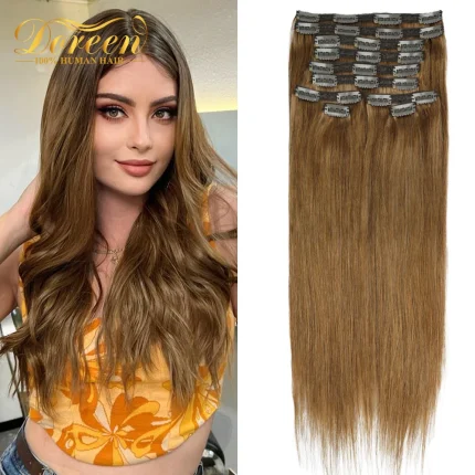 Extensões de cabelo Natural Extensões de Cabelo Humano Europeu com Grampos – 160g a 240g, Castanho Claro, 10 Peças, 40cm a 60cm | Loja dos Cabelos