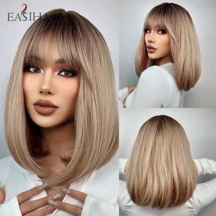 Perucas Peruca Curta Bob Reta com Franja Dourado Castanho – Cabelo Sintético Resistente ao Calor para Mulheres e Cosplay | Loja dos Cabelos