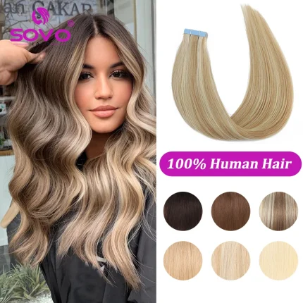 Extensões de cabelo Natural Extensões de Cabelo com Fita Adesiva SOVO – 100% Cabelo Humano Remy, Trama Invisível, Balayage, 12 a 26 Polegadas, 50g, 20 Peças | Loja dos Cabelos