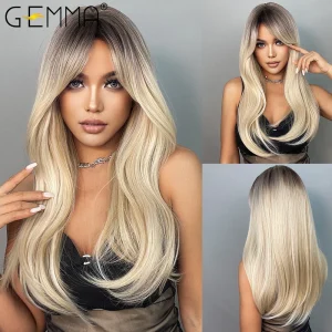 Perucas Peruca Sintética Longa Reta Ombre Castanho com Loiro e Franja – Cabelo Falso Natural para Mulheres e Cosplay | Loja dos Cabelos