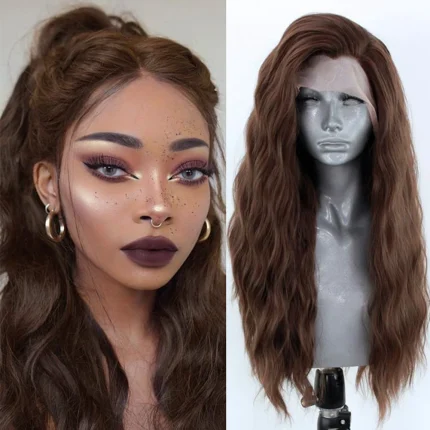 Perucas Peruca Sintética Longa Ondulada com Lace Front – Castanho Natural para Mulheres e Cosplay | Loja dos Cabelos