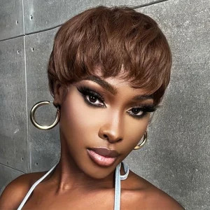 Perucas Peruca Curta Pixie Marrom Chocolate de Cabelo Humano com Franja para Mulheres Negras, Feita à Máquina | Loja dos Cabelos