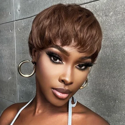 Perucas Peruca Curta Pixie Marrom Chocolate de Cabelo Humano com Franja para Mulheres Negras, Feita à Máquina | Loja dos Cabelos
