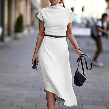 Vestidos de Cerimónia Vestido Midi Feminino Casual Mia Muse – Modelo Assimétrico, Gola Alta, Manga Curta, Estilo Minimalista para o Verão | Loja dos Cabelos